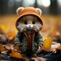 a stuffed animal wearing a jacket and hat in autumn leaves generative ai photo