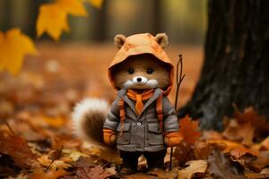 a stuffed animal wearing an orange coat and hat stands in the middle of an autumn forest generative ai photo