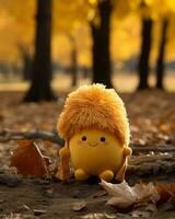 a stuffed animal with a yellow hair sitting in the leaves generative ai photo