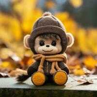 a stuffed monkey wearing a hat and scarf sitting on the ground generative ai photo