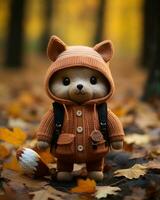 a stuffed bear wearing an orange sweater and carrying a toy fox generative ai photo
