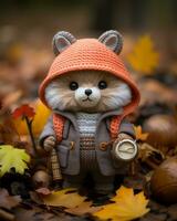 a stuffed bear wearing an orange coat and holding a coffee cup generative ai photo