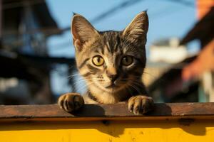 a tabby cat peeking out from behind a yellow fence generative ai photo