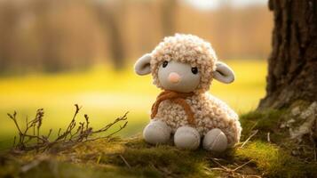 a stuffed sheep is sitting in the grass near a tree generative ai photo