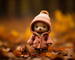 a teddy bear in a pink coat standing in a pile of fallen leaves generative ai photo