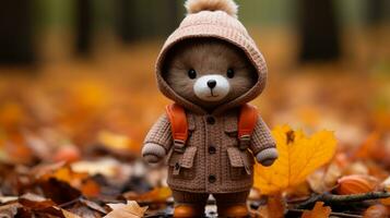 a teddy bear in a brown coat standing in the leaves generative ai photo