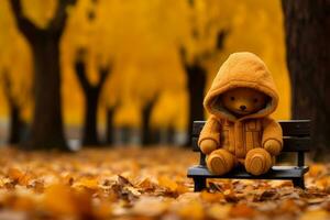 a teddy bear in a hooded jacket sitting on a bench generative ai photo