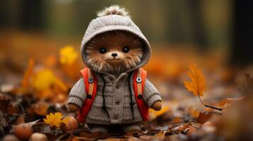 a teddy bear wearing a hooded jacket in the autumn leaves generative ai photo