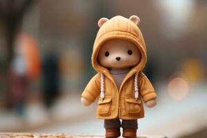 a teddy bear wearing a brown jacket standing on a street generative ai photo