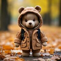 a teddy bear wearing a coat and hat in the fall generative ai photo