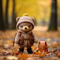a teddy bear wearing a jacket and hat stands in the leaves generative ai photo
