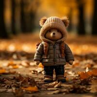 a teddy bear wearing a jacket and hat in the fall generative ai photo