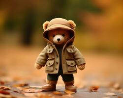 a teddy bear wearing a jacket and hat in the fall generative ai photo