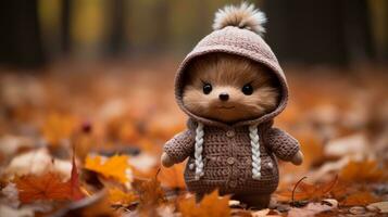 a teddy bear wearing a hooded sweater in the fall leaves generative ai photo