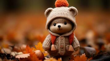 un osito de peluche oso vistiendo un de punto sombrero y bufanda en otoño hojas generativo ai foto
