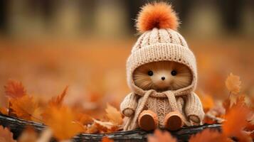 a teddy bear wearing a knitted hat sits on a fallen tree generative ai photo
