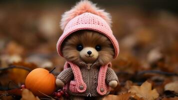 a teddy bear wearing a pink hat and holding an orange pumpkin generative ai photo