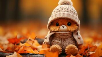 a teddy bear wearing a knitted sweater and hat in the autumn leaves generative ai photo