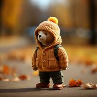 a teddy bear wearing a jacket and hat in the fall generative ai photo