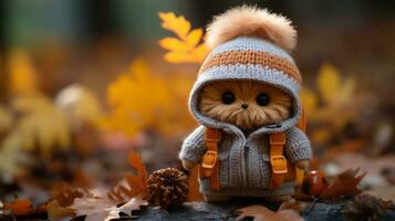 a teddy bear wearing a sweater and hat in the fall generative ai photo