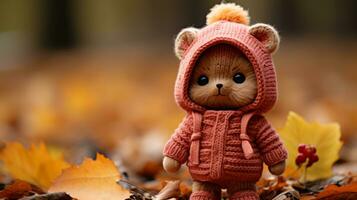 a teddy bear wearing a pink jacket and sitting on the ground surrounded by autumn leaves generative ai photo
