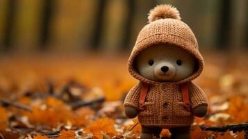 a teddy bear wearing a sweater in the autumn leaves generative ai photo