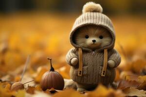 a teddy bear wearing a sweater and holding a pumpkin generative ai photo