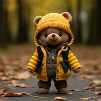 a teddy bear wearing a yellow jacket and hat generative ai photo