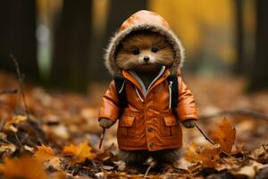 a teddy bear wearing an orange coat in the woods generative ai photo
