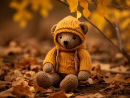 a teddy bear wearing a yellow sweater sits in the leaves generative ai photo