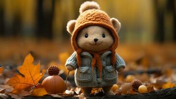 a teddy bear wearing an orange hat and holding a pumpkin generative ai photo