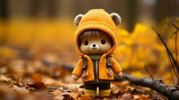 a teddy bear wearing an orange coat standing in the leaves generative ai photo