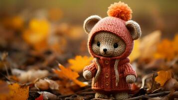 a teddy bear wearing an orange coat and hat in the fall leaves generative ai photo