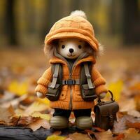 a teddy bear wearing an orange jacket and carrying a briefcase generative ai photo