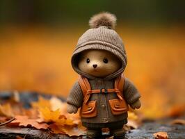 a teddy bear wearing an orange jacket and brown hat stands in the autumn leaves generative ai photo