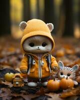 a teddy bear wearing an orange jacket and holding a pumpkin generative ai photo