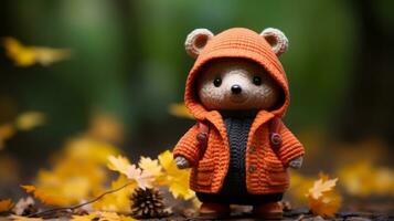 a teddy bear wearing an orange jacket standing in front of autumn leaves generative ai photo