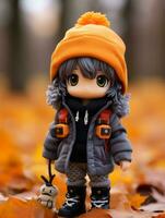 a toy doll standing in a pile of fallen leaves generative ai photo