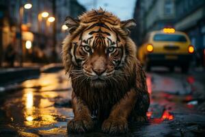 un Tigre en pie en el lluvia en un ciudad calle generativo ai foto