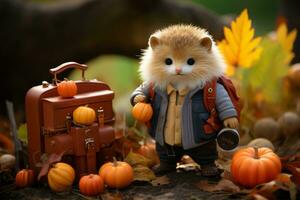 a toy hamster with a suitcase and pumpkins in the fall generative ai photo