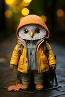 a toy owl wearing a yellow jacket and backpack generative ai photo