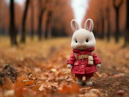 a toy rabbit in a red coat standing in the middle of an autumn forest generative ai photo