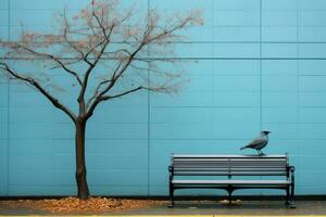 a tree and a bench in front of a blue wall generative ai photo