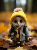 a toy owl wearing a jacket and hat in the fall leaves generative ai photo