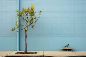 a tree and a bird on a bench in front of a blue wall generative ai photo