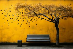 a tree with birds flying around it and a bench in front of it generative ai photo