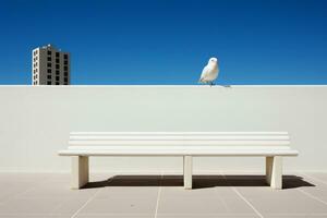 a white bench with a bird sitting on it generative ai photo