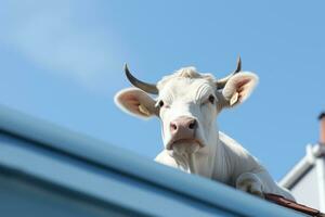 a white cow on top of a roof with a blue sky in the background generative ai photo