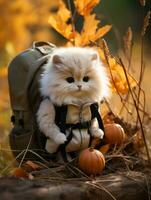 un blanco gato con un mochila sentado en el suelo siguiente a calabazas generativo ai foto