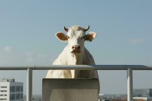 un blanco vaca en pie en un repisa generativo ai foto